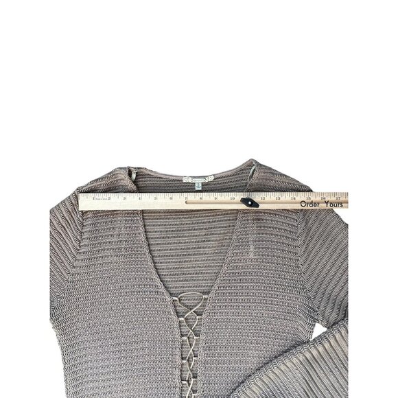 Gimmicks Sweater Top Womens Large Brown Sheer Open Knit Lace Up Long Sleeve - Picture 6 of 8